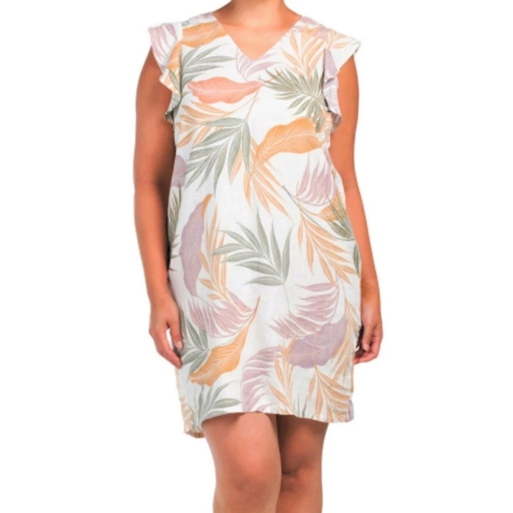 Tahari 100% Linen Botanical Sz XL Flutter Sleeve Coastal Dress